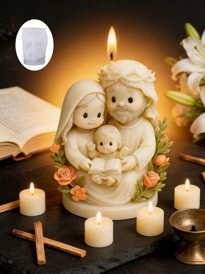 Molde de silicona de resina: Un molde de silicona para vela de la Sagrada Familia de Jesús, diseñado con una linda familia sagrada de tres, decorado con elementos florales y de hojas. Hecho de material de silicona suave, fácil de desmoldar y limpiar, muy adecuado para hacer velas de fragancia cálida.