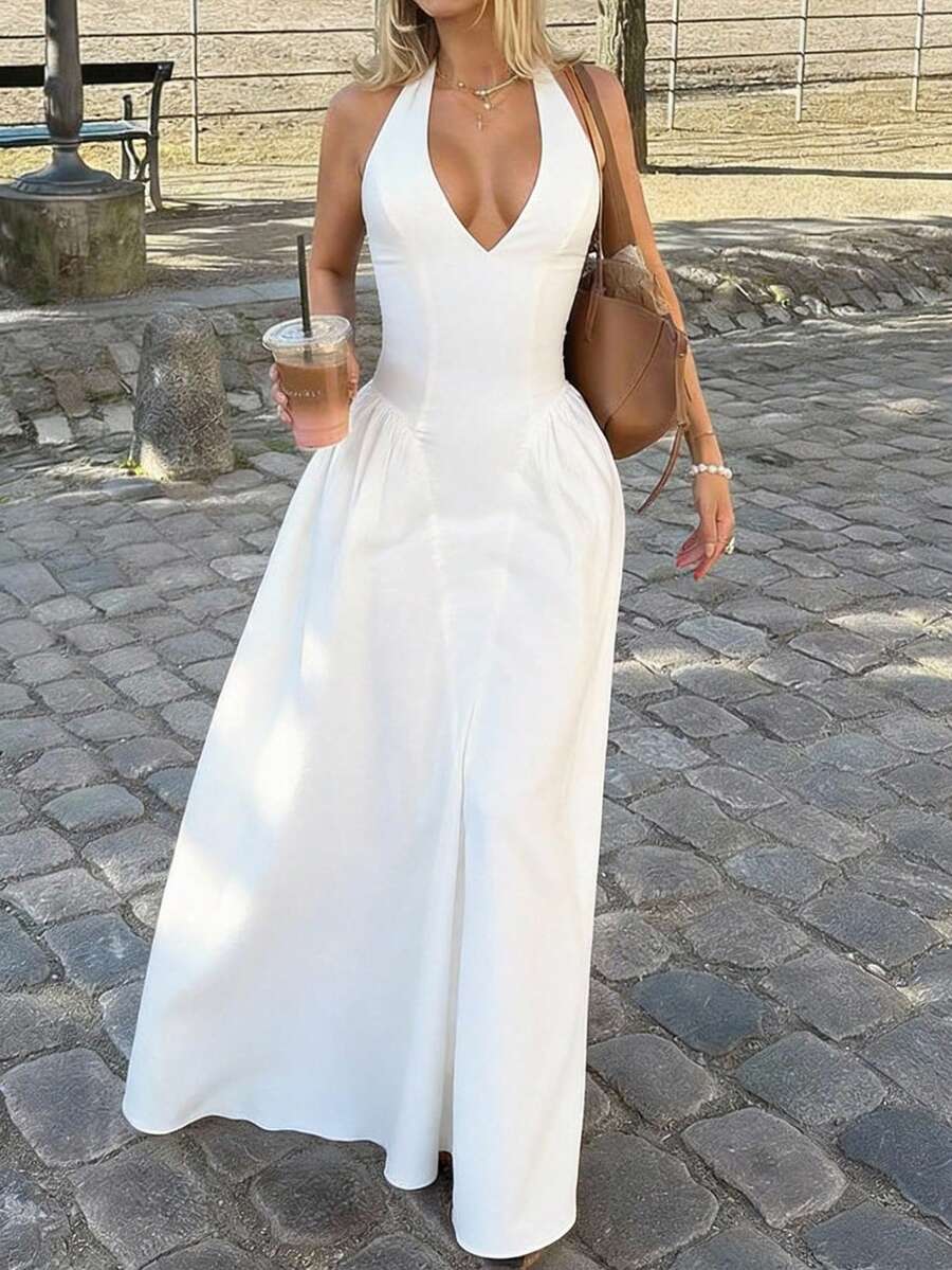 Unadoll Women's Spring Summer Elegant Halter Deep V Waist Cinching Ruched Flared Slit Hem Backless White Maxi Dress Vacation Party Outfit - White - View 1