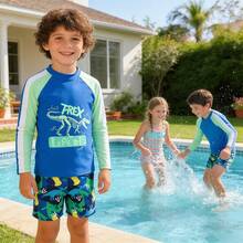 Traje de baño infantil de secado rápido con estampado de dinosaurios de dibujos animados, tallas grandes, protección UV, ropa deportiva de playa, estilo retro informal para niños. - 11-12 años - Ver 2