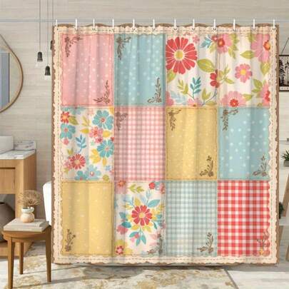 Bộ 1/4 rèm tắm bằng polyester trang trí phòng tắm, họa tiết hoa và caro chắp vá với màu sắc rực rỡ và chất liệu cổ điển, kèm 12 móc treo, kích thước 70x70 inch.