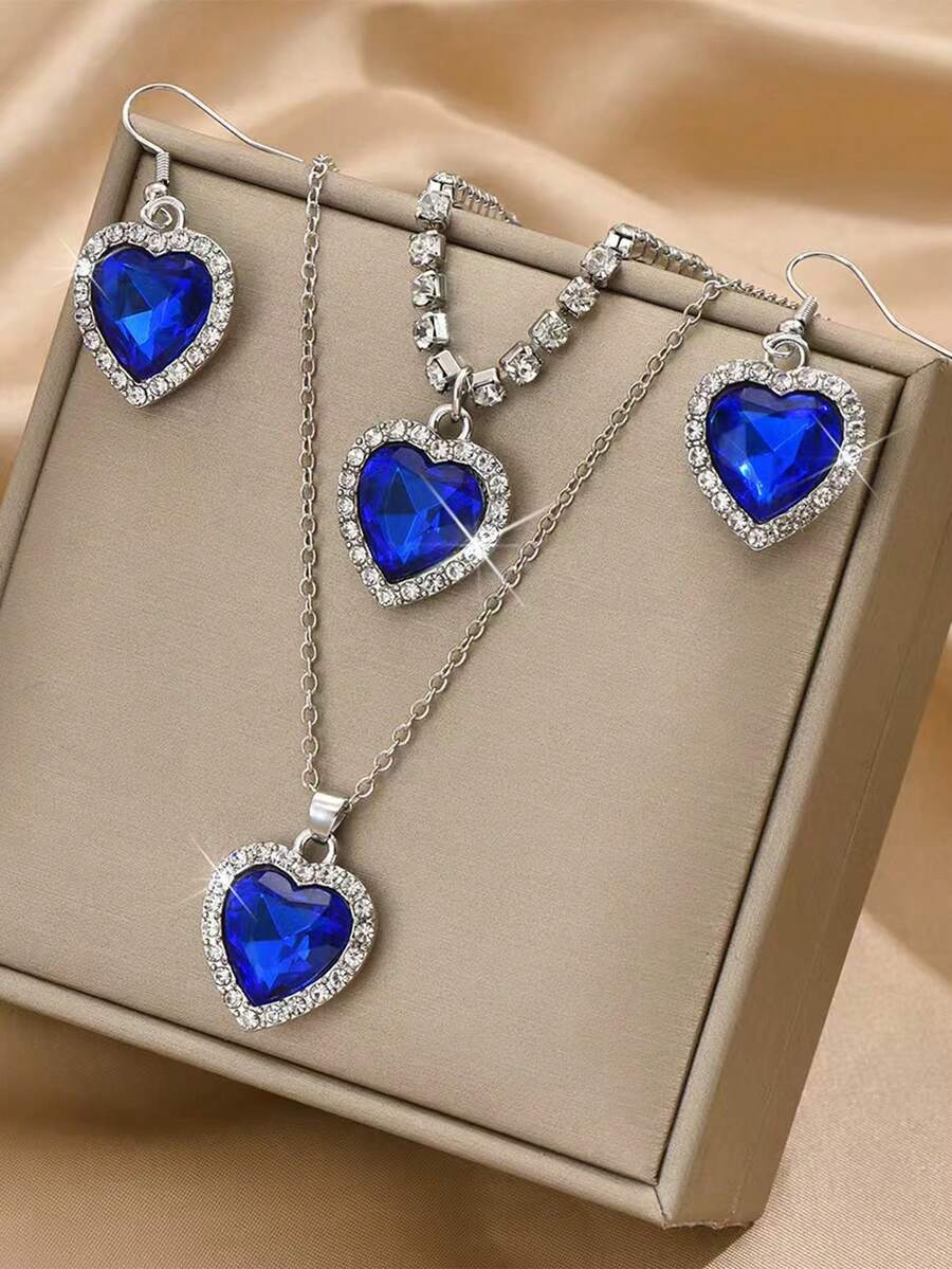3件套简约蓝红海洋心形项链，女士水晶锆石首饰套装，适合婚礼派对
