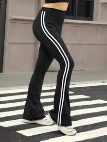 Speed mate 女士侧条纹修身阔腿裤，瑜伽健身喇叭裤 - 黑色 - 查看 5
