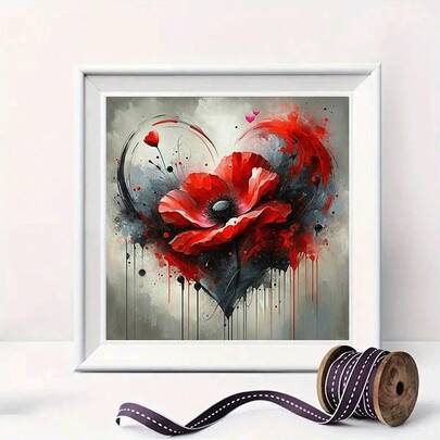 1件套5D DIY钻石画套装，独特的亚克力全圆钻马赛克艺术画布，以罂粟花和爱心图案为特色，适合墙面装饰，可用于客厅、卧室、办公室，是完美的创意手工礼品，无框。