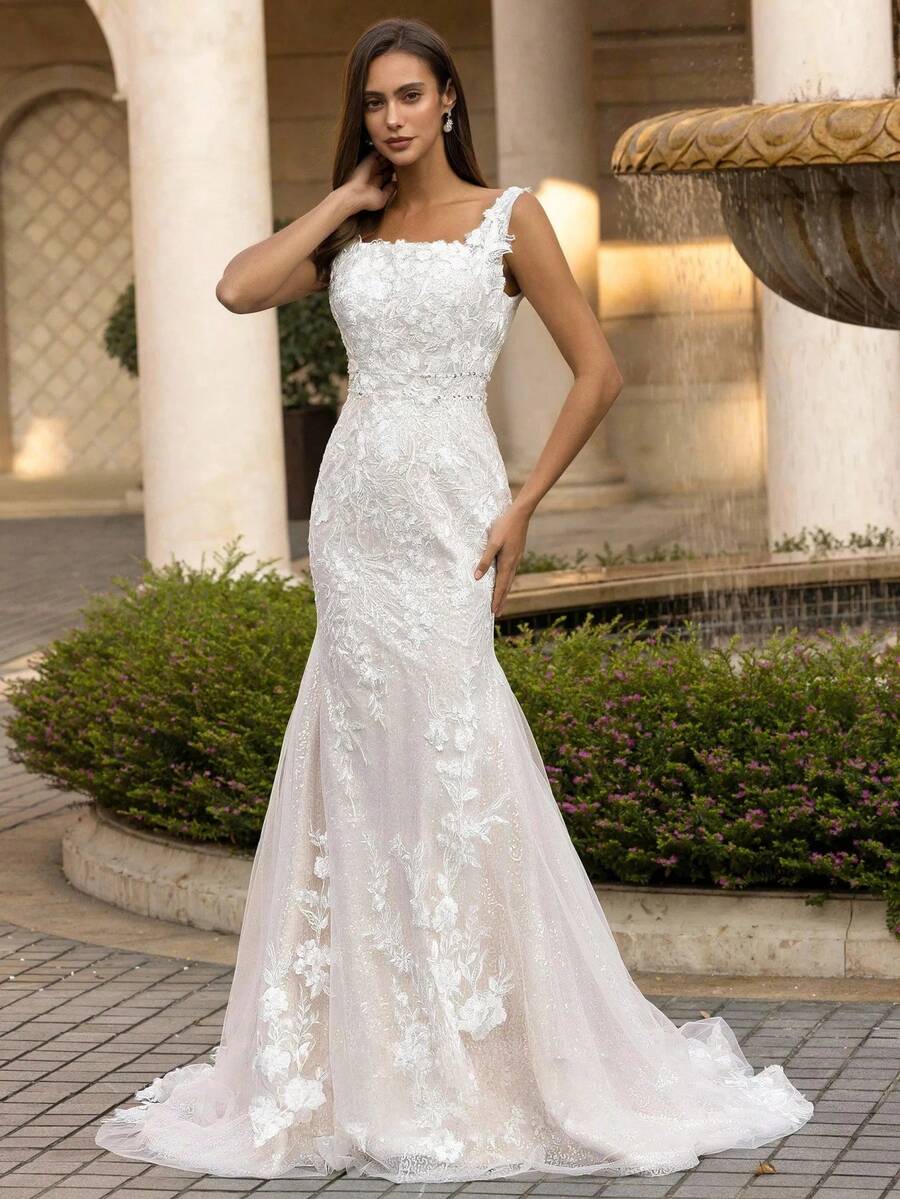 Elegant Off Shoulder Backless Lace Appliqué Mermaid Wedding Dress With Sqaure Neck, Registry Office Dresses Bridal Gown, Evening Party Dress Birthday Party Dress Country Wedding,Romantic Church Ceremony Wedding Dress,Suitable For Wedding, Dating, Party, Singles' Party, Vacation, Formal Occasions, Dinner Dress, Prom Dress, Homecoming Dress, Cocktail Party, Wedding Guest Dress, Graduation - 白色 - 查看 1