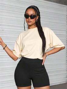 Women's Oversize Round Neck Short Sleeve Spring Summer Tee, Unisex Loose Fit Vintage Street Style Cotton Printed Top For Couples, 100% Cotton - 杏色 - 查看 1