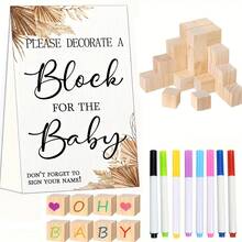 34/59pcs Baby Shower Decoration Building Block Game Set, Includes Decorative Building Blocks, Game Markers, 25/50 Wooden Blocks Tokens, Suitable For Party Games - Brown - View 1