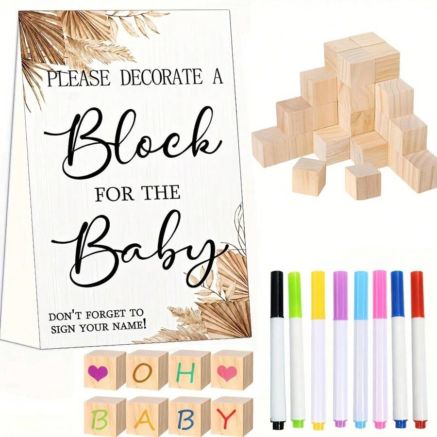 34/59pcs Baby Shower Decoration Building Block Game Set, Includes Decorative Building Blocks, Game Markers, 25/50 Wooden Blocks Tokens, Suitable For Party Games - Brown - View 1