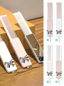 1pc 2-In-1 Foldable Comb & Makeup Mirror, With Y2K Style Silver 3D Bow Decor, Cute Bow Comb With Mirror Keychain, Suitable For Women & Girls As Keychain, Pendant, Portable, Personalized Mirror, Hand-Held Mirror With Lanyard, Tabletop, Fashion Travel Makeup Tool - Multicolor - View 1