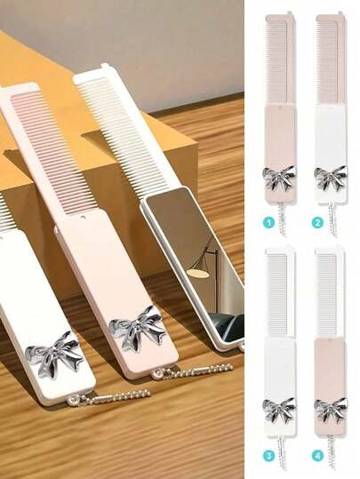 一款二合一折叠梳子化妆镜，配有Y2K银色立体蝴蝶结配件，可爱蝴蝶结便携式梳子带镜子钥匙扣，适合女性和女孩，可用作钥匙扣或包包挂件——便携式个性化镜子，手持镜带挂链，桌面摆放，现代旅行美容工具