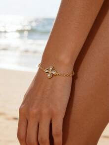 18K Gold Plated Pear-Shaped Crystal Four-Leaf Clover Bracelet, Bohemian Style Gold Summer Beach Vacation Stainless Steel Delicate Adjustable Chain Bracelet For Women - Gold - View 5