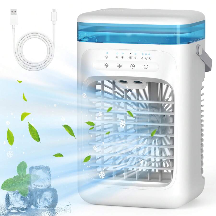 Ventilador portátil, Mini ventilador de mano, Ventilador con función de cambio de color RGB, Función de luz nocturna de 7 colores, Ventilador de escritorio silencioso, Ventilador de carga tipo C, Función de temporizador, Ajuste de 3 velocidades, Flujo de aire de varios ángulos, Adecuado para dormitorio, habitación, exterior, hogar, esencial de verano, alivio del calor