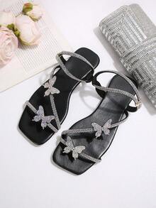 French Style Flat Bow Rhinestone Slide Sandals, Women's Summer Outdoor Wear New Fashion Slippers, Suitable For Dates, Shopping, Parties - Black - View 4