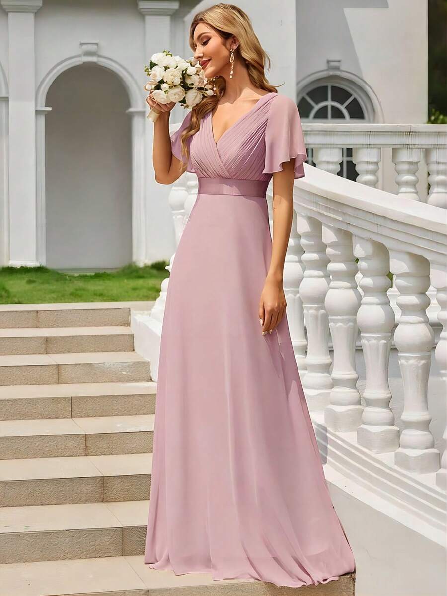 EVERPRETTY Đầm phù dâu màu hồng thanh lịch cổ chữ V tay bồng, đầm dự tiệc cưới, đầm bán chính thức mùa xuân cho đám cưới, tiệc sinh nhật, lễ tốt nghiệp.