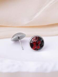 1 Pair Elegant Floral Pattern 316 Stainless Steel Round Stud Earrings, Minimalist Style Suitable For Women's Daily Wear And Gift, Graceful And Simple Jewelry Earrings Suitable For Women's Daily And Holiday Wear - Red - View 3