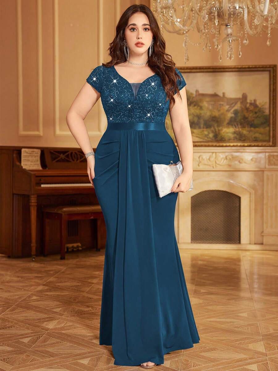 Plus Deep V-Neck Sequin Lace Contrast Ruched Draped Front Mermaid Hem Evening Party Formal Dress - Dusty Blue - View 1