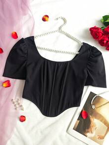 Black Square Neck Petal Sleeve Cinched Waist Top - Black - View 1
