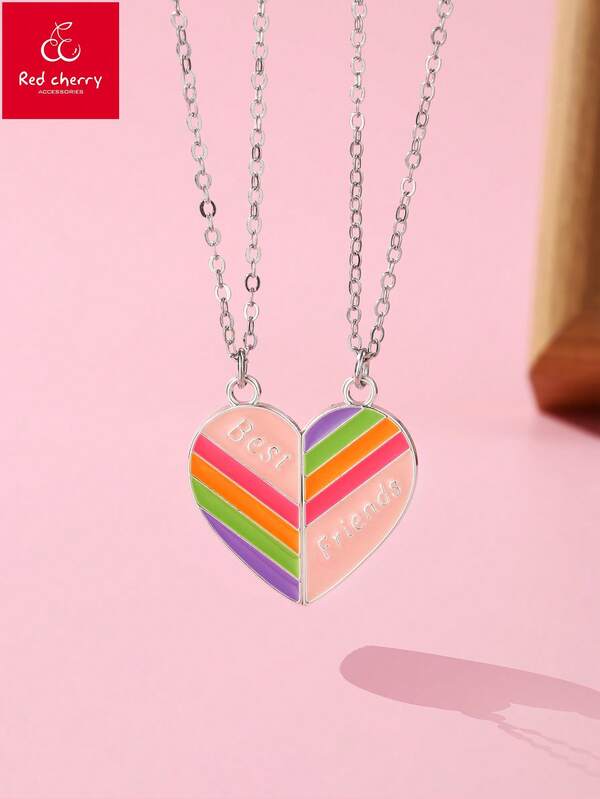 2ชิ้น/ชุด สร้อยคอจี้หัวใจแม่เหล็กเคลือบสีรุ้งแฟชั่นสำหรับเด็ก, เหมาะสำหรับสวมใส่ในชีวิตประจำวันและเทศกาล