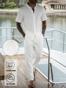 2pcs Men's Polo Collar Button Short Sleeve Top + Elastic Waist Pants Pajama Set - White - View 2