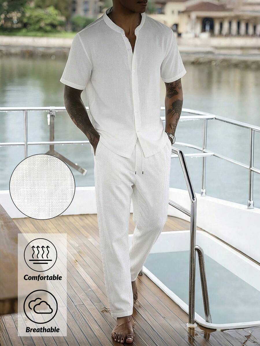 2pcs Men's Polo Collar Button Short Sleeve Top + Elastic Waist Pants Pajama Set