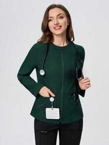 Long Sleeve Zip-Up Top With Multiple Pockets, Fashionable Commuter Blouse For Women, Suitable For Beauty Salons, Pet Shops, Outdoor Leisure Spring - Dark Green - View 5