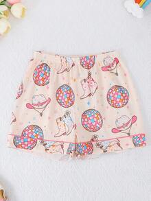 2 pezzi/Set Pigiama da ragazza con stivali western casual e cappello, cardigan a maniche corte con colletto alla coreana e pantaloncini, ignifugo, adatto per tutte le stagioni - Albicocca - Visualizzare 9