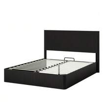 Modern Bed With Grooved Design And Hydraulic Lifting System – Large Storage Space, Stable Solid Wood Slatted Base, Easy-Care Surface – 160 X 200 Cm – Black - Black - View 5