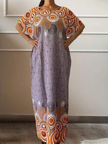 Dress With Large Elegant Flower Print - Round Neck, Bat Sleeve Embroidered Robe, Plus Size Elegant Women's Robe - Dusty Purple - View 2