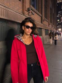 Giolshon 女士米黄色双面连帽外套 - 双面印花设计，休闲时尚，适合日常叠穿，春季款 - 紅色豹紋 - 查看 4