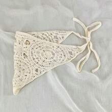 1pc Beige Knitted Hollow Out Tassel Triangle Scarf - Beige - View 3