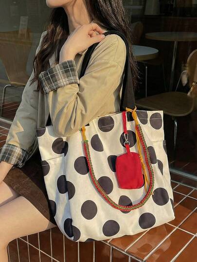 peach tree 双面波点帆布手提包，大容量通勤单肩包，带零钱包，多功能休闲手提包，适合女性、大学生、旅行、度假、返校、情人节礼物