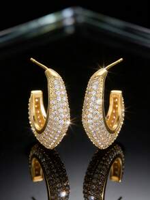 女士时尚金色C形耳环，镶满水钻的铜质耳环，奢华派对首饰 - 金色 - 查看 2