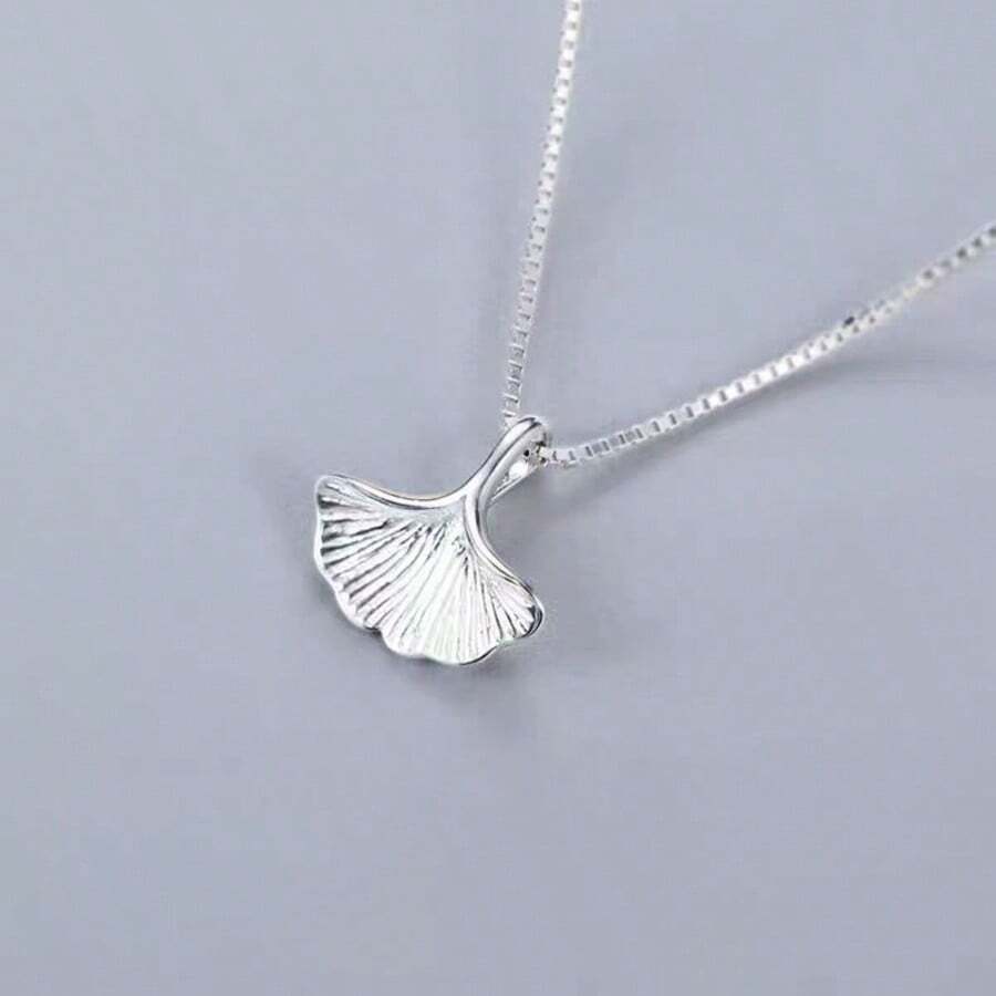 简约时尚925纯银银杏叶吊坠项链，优雅清新风格，女士之选 - 銀色 - 查看 1