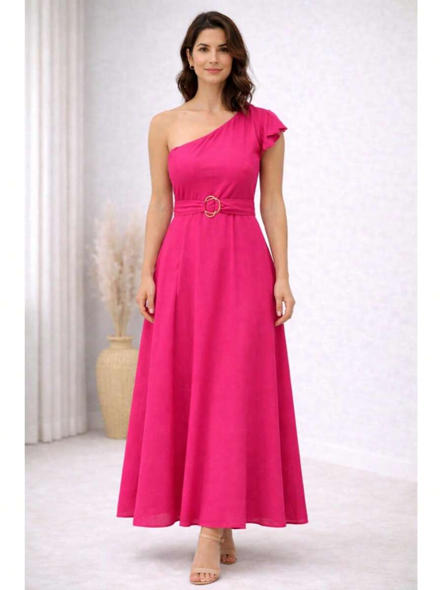 Elegant One-Shoulder Viscose Linen Long Dress For Parties - Tropical Pink - View 1