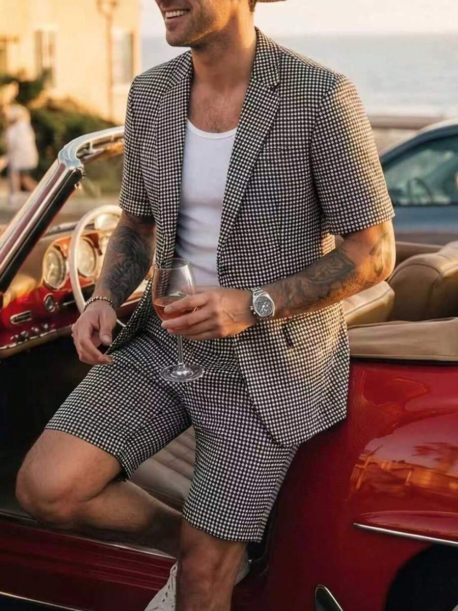 Men's Suit Set With Short Sleeve Jacket And Shorts, Casual Outfit Suitable For Daily Commute, Leisure, Summer Wear - Black - View 1