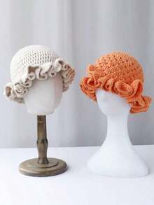1pc Women Handmade Crochet Ruffle Brim Bucket Hat, Novelty Casual Floppy Cloche Hat - Màu trơn - Xem 6