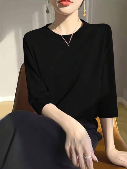 Áo thun nữ dáng rộng, vai tròn, cổ điển, mỏng nhẹ, thích hợp mặc trong, thích hợp cho mùa xuân/hè.