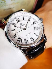 1pc Fashion Casual Automatic Mechanical Watch For Men Business Calendar Luminous Hands Leather Strap Classic Luxury Men Watches - one-size - View 8