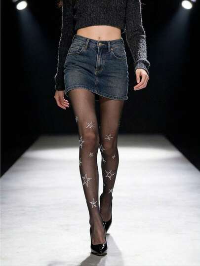 1双可定制水钻星形图案丝袜，水钻星形白色透明丝袜，洛丽塔风格精致薄款耐穿连裤袜