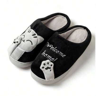 Mini (se sugiere comprar una talla talla grande grande) Pantuflas de punto para interiores, de punta cerrada, diseño lindo de gato de dibujos animados, cálidas y esponjosas, antideslizantes, adecuadas para hombres y mujeres, otoño/invierno
