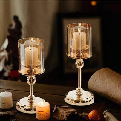 BUCICE Gold Candle Holder For Table Centerpiece, Set Of 2 Decorative Candle Holders For Pillar Candles, Tall Candle Holder With Glass Cover For Indoor Outdoor Home Decor