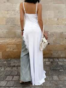 French Vintage Satin & Lace Patchwork Dress, Slit Asymmetrical Backless Solid Color Vacation Dress - White - View 3