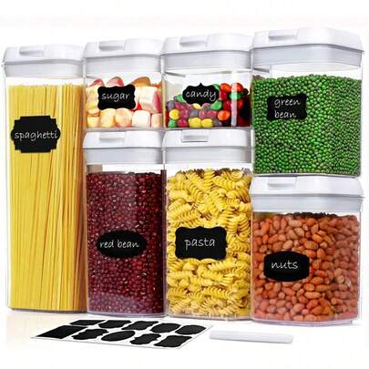 7-Piece Practical Airtight Food Storage Container Set, White Clear Stackable Canisters With Flip-Top Lids, Moisture-Proof Fresh-Keeping Pantry Organizers, Large Capacity Jars For Cereal Pasta Nuts Snacks Dry Goods, Space-Saving Home Kitchen Organization Essentials For Efficient Storage