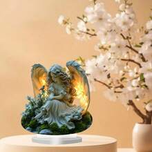1 pieza Figura de ángel de acrílico con alas y flores, decoración de escritorio de ángel sentado, decoración de habitación espiritual y estética, decoración elegante para el hogar y la oficina, regalo ideal para amantes de los ángeles y para inauguración de casa - A - Ver 1