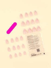 24 piezas Conjunto de uñas postizas cortas con forma de almendra de estilo francés en color amarillo, incluye 1 adhesivo y 1 lima de uñas, adecuado para uso diario - Multicolor - Ver 2