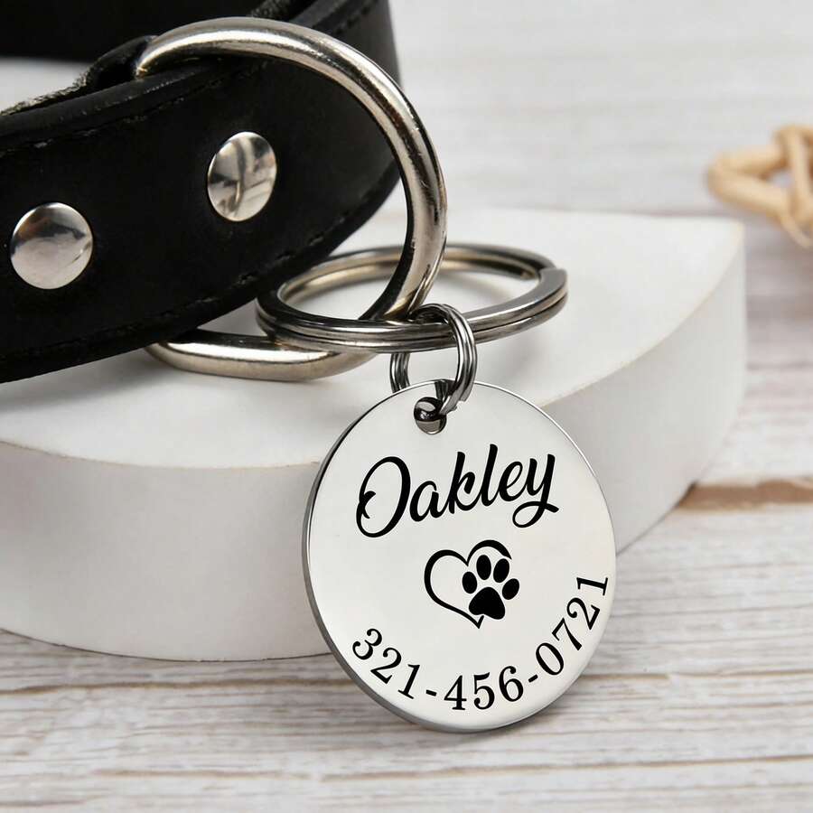CFUNIQ 1pc Customized Round Dog Tag (With Small Ring), Dog ID Tag, Personalized Dog Name Tag, Cat Supplies, Engraved ID Tag, Silent Dog Tag, Stainless Steel Dog Tag, Customized Pet Name Tag, Pet Gift, Dog Birthday Gift, Gift For Dog Lovers, Durable, QR Code