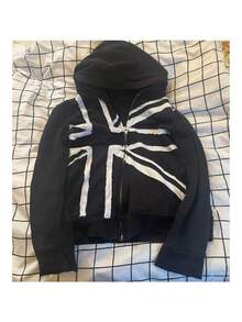 Street Print Pullover Hip Hop Sweatshirt Jacket Y Dark Outfit Ins Zipper Long Sleeve Punk Patch Hoodie - Black - View 2