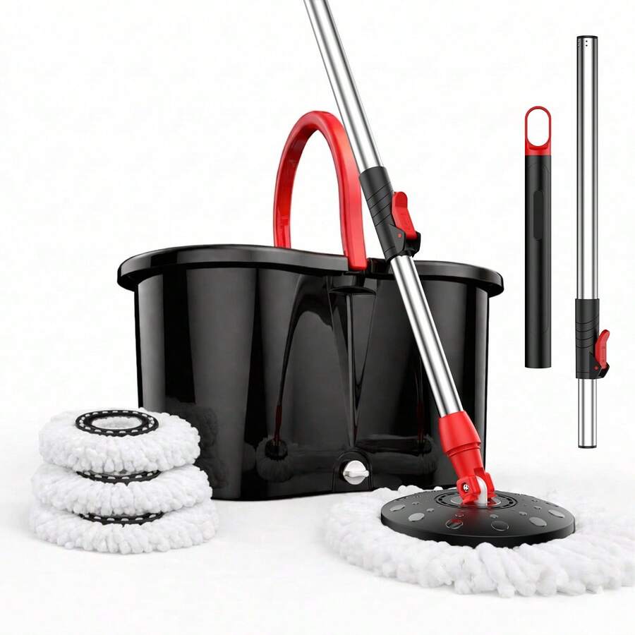 Fregona giratoria multifunción de acero inoxidable para uso doméstico (con mango telescópico y ruedas silenciosas) – Incluye 2 cabezales de microfibra y un mango telescópico de 96,5 a 155 cm. - C - Ver 1
