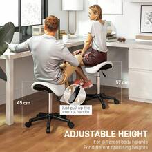 HOMCOM Saddle Stool, PU Leather Rolling Stool With Wheels, Adjustable Salon Chair For Kitchen, Salon Spa, Bar, Home Office, Massage, White - White - View 3