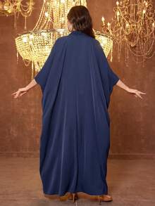 SUPGIR [Random Print] Women's Long Sleeve Sequin Patchwork Waist Tie Evening Dress - Navy Blue - View 2