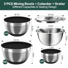 Mixing Bowls with Airtight Lids Stainless Steel Mixing Bowl Set with 3 Metal Nesting Bowls Colander and Grater Non-Slip Bottoms Size 1.5 2.5 5 QT Great for Mixing and Serving Black - Negro - Ver 3